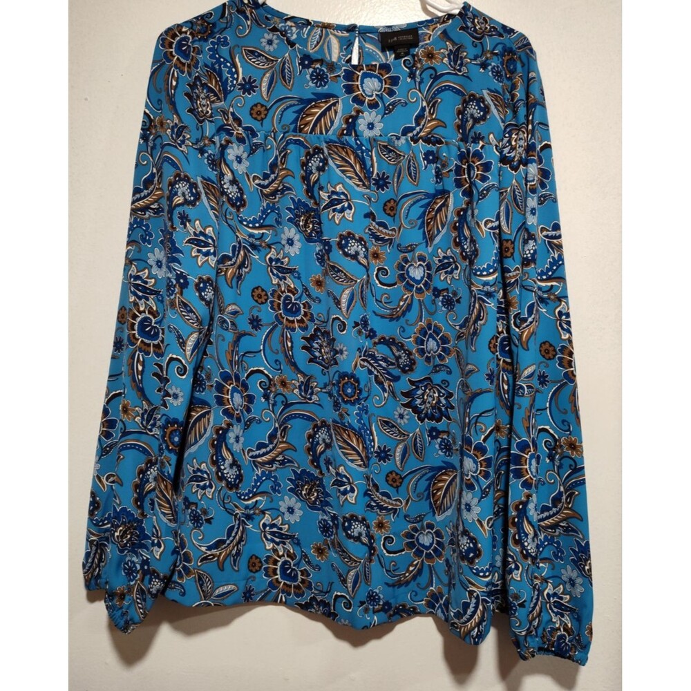 J Jill Blue Floral Round Neck Back Button Long Elastic Sleeve Poly Tunic Top Med